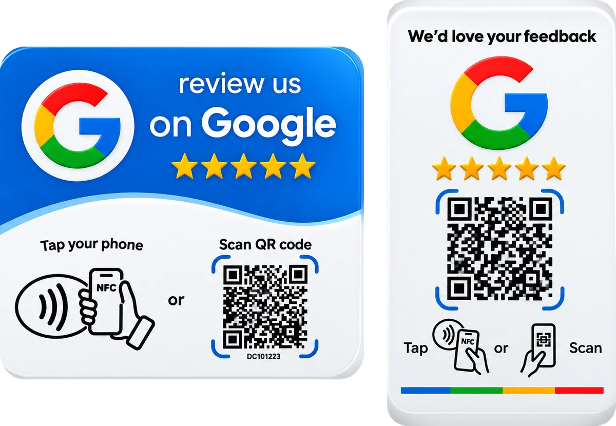 Google review card and stand — tap your phone or scan the QR